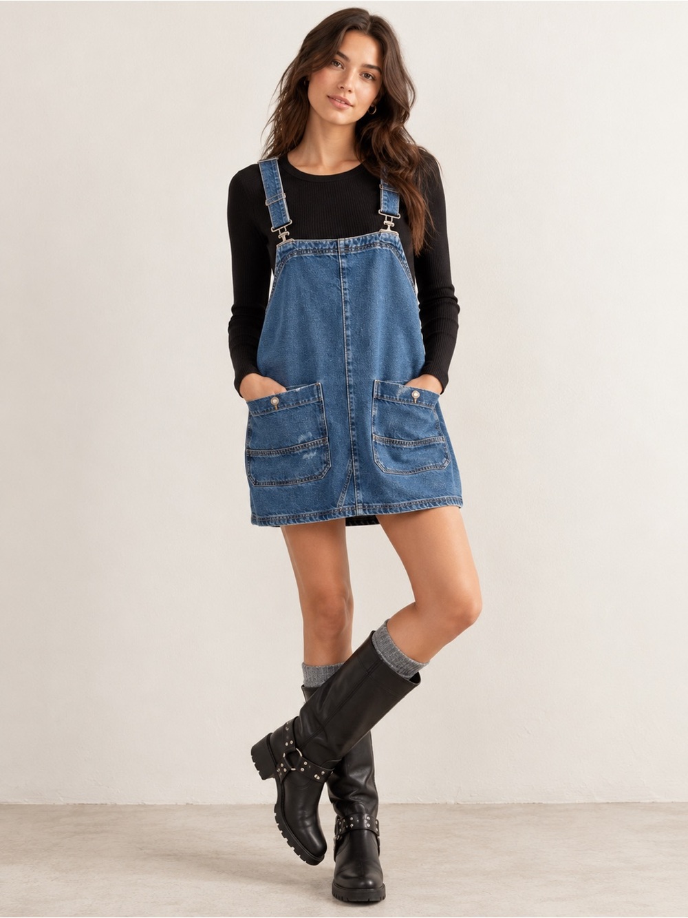 Free People We The Free Denim Overall Smock Mini Dress Size L Blue Pinafore